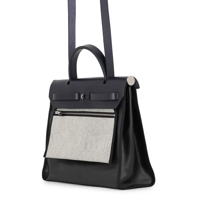 Hermès Herbag zip Blue Nuit/Black Toile HBerline Vache Hunter Leather Size PM in Black Leather from GALLERY RARE, photo 2 of 13