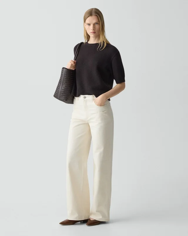 Theory Straight-Leg Five-Pocket Pant in Denim in ECRU, photo 9 of 12 from Theory