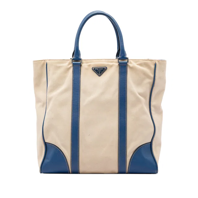 Blue Prada Saffiano Trimmed Canvas Tote in Blue Saffiano leather from Designer Revival