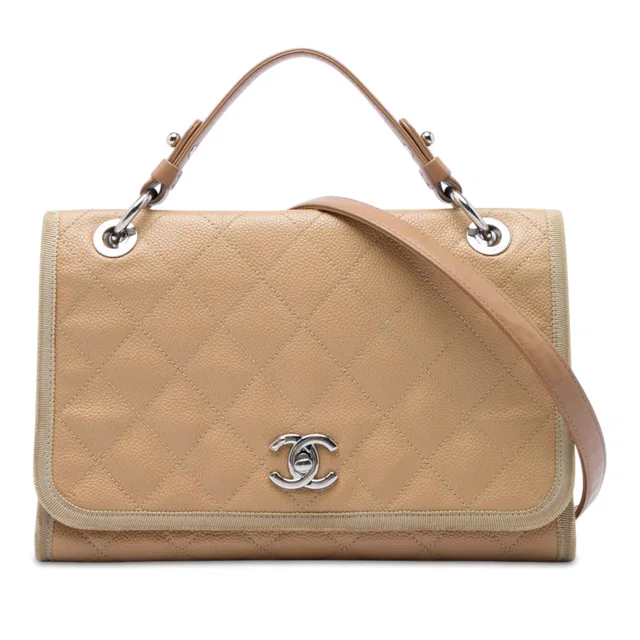 Brown Chanel CC Bicolor Quilted Caviar and Grosgrain Top Handle Flap Satchel in Brown Caviar leather from Designer Revival