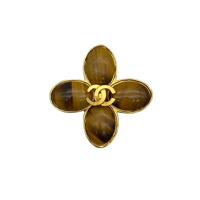 Chanel Vintage Brooch Flower Cocomark Tiger Eye Gold Accessory 95A in Gold from Luxury Promise