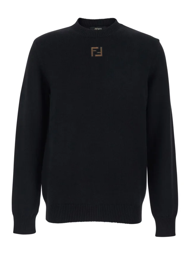 Black Crewneck Sweater with FF Embroidery on the Front in Wool for Men in Black, image 1 of 1 from Gaudenzi Boutique