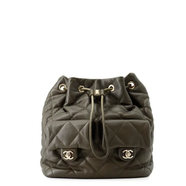 Chanel Drawstring Double Pocket Backpack KhakiAS4342 Leather in Leather from GALLERY RARE
