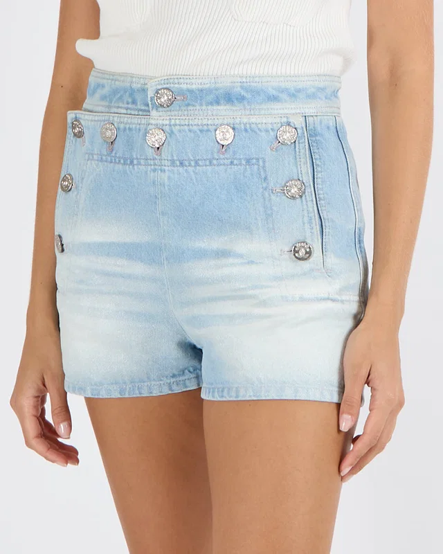 Chanel Coco Beach 2024 Light Blue Denim Mini Shorts with Textured Silver Coco CC Logo Buttons Size FR… in Blue Denim from Sellier
