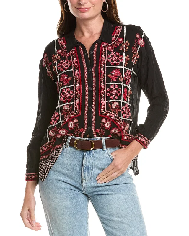 Johnny Was Petite The Slim Audrey Collared Silk-Blend Shirt, image 1 of 1 from Rue La La