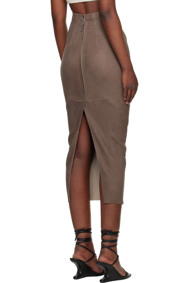 Rick Owens Gray Temple Dirt Pilla Leather Midi Skirt, photo 3 of 4 from SSENSE