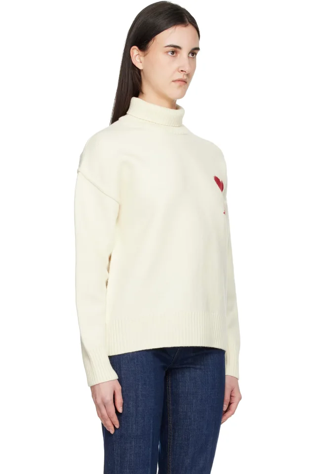 AMI Paris Off-White Contrasted Ami de Coeur Funnel Neck Sweater, photo 2 of 4 from SSENSE