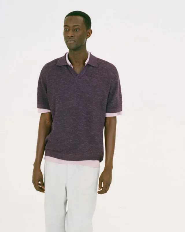 Theory Brenan Polo Shirt in Pacific Linen in CHALK PINK 65% Linen, 23% Cotton, 12% Polyester; Exclusive Of Elastic, photo 14 of 14 from Theory
