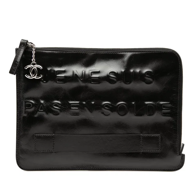 Black Chanel Distressed Calfskin Je Ne Suis Pas En Solde Clutch in Black Calfskin from Designer Revival