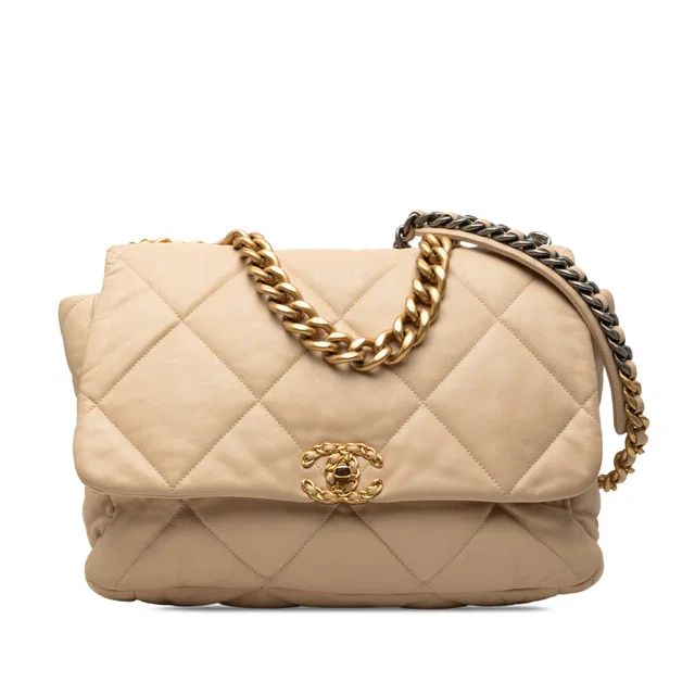 Beige Chanel Maxi Lambskin 19 Flap Satchel in Beige Lambskin from Designer Revival