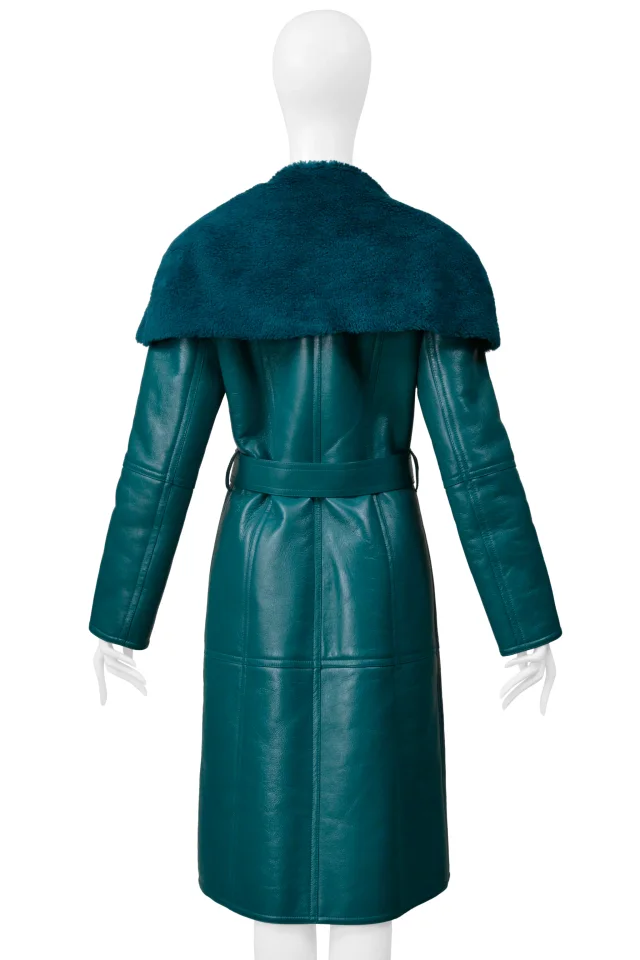 Balenciaga Green Leather Shearling Coat With Belt 2019 in Green Leather from Resurrection Vintage, photo 2 of 8