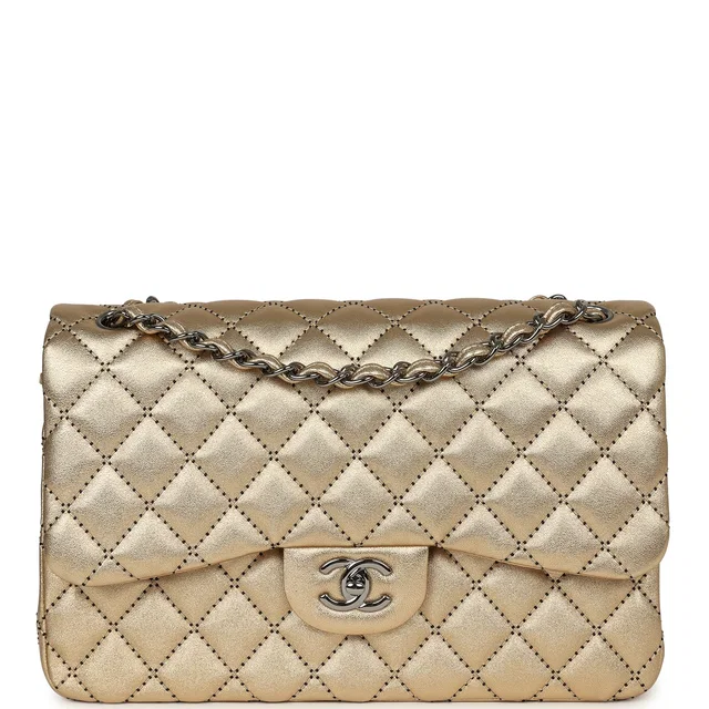Chanel Jumbo Classic Double Flap Bag Gold Metallic Lambskin Ruthenium Hardware in Gold Lambskin from Madison Avenue Couture
