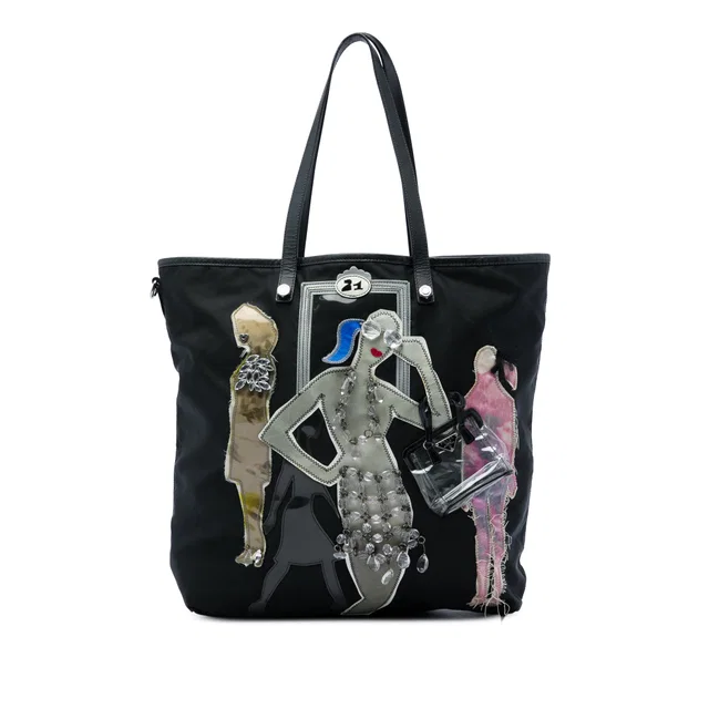 Black Prada Saffiano Trimmed Tessuto Fashion Doll Tote in Black Saffiano leather from Designer Revival