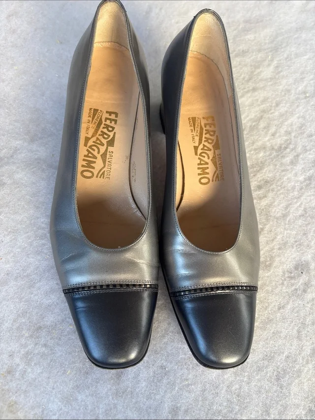 Ferragamo Vintage Two-Tone Black And Silver Metallic Leather Pumps in black|gray Leather from Poshmark