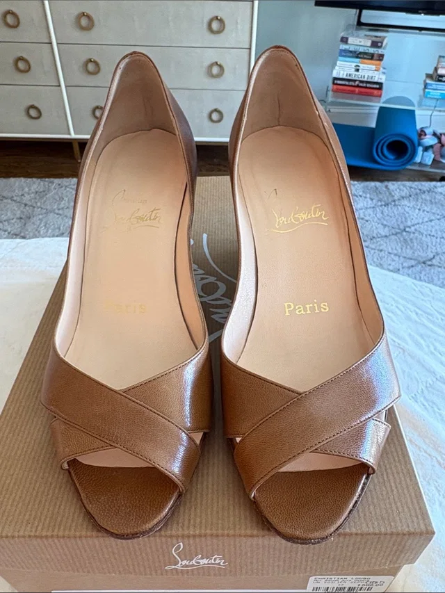 Christian Louboutin Light Brown Leather Peep-Toe Cross-Vamp Wedges in brown|red Leather from Poshmark