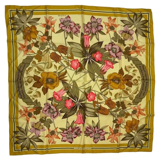 Hermès Scarf Carre 90 Silk Fleurs D'hellade Hellas Flower Yellow in Yellow Silk from The Reluxe