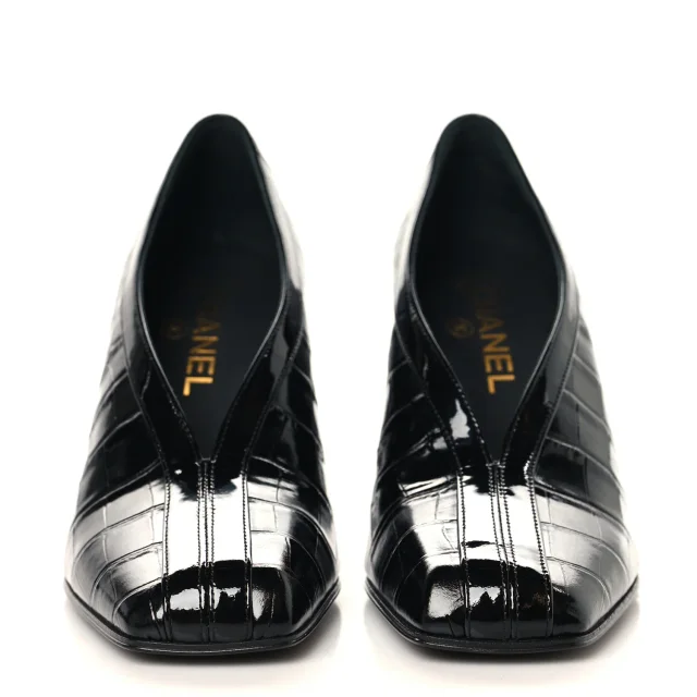 Chanel Crocodile Embossed Patent Calfskin Pumps 38.5 Black in Black Calfskin from FASHIONPHILE, photo 3 of 10
