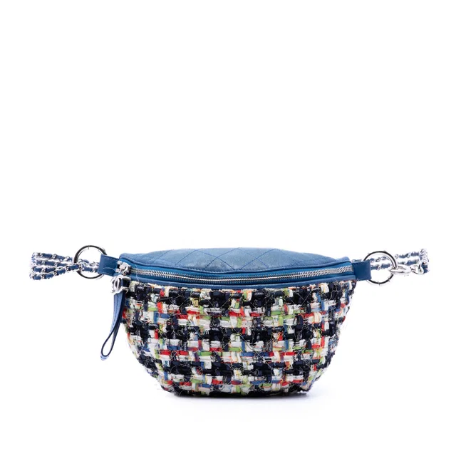 Blue Chanel Tweed and Stitched Calfskin Convertible Waist Bag Satchel in Blue Calfskin from Designer Revival