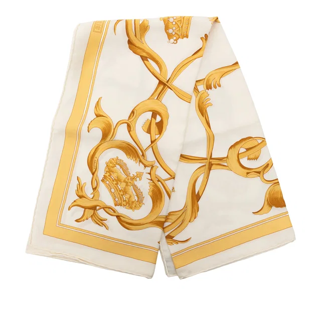 White Hermès Couronnes Silk Scarf 90 Scarves in White Silk from Designer Revival