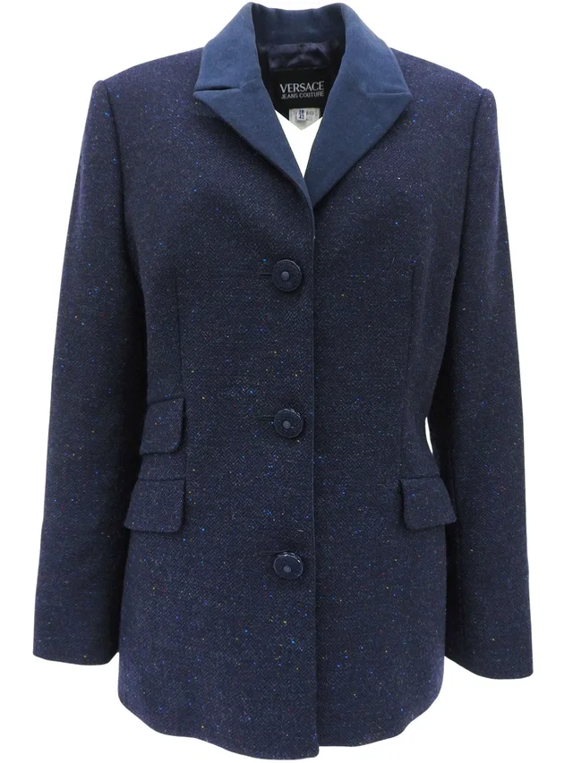 Versace Wool Tailored Medusa Button Jacket #42 Navy in Navy Wool from VINTAGE QOO TOKYO