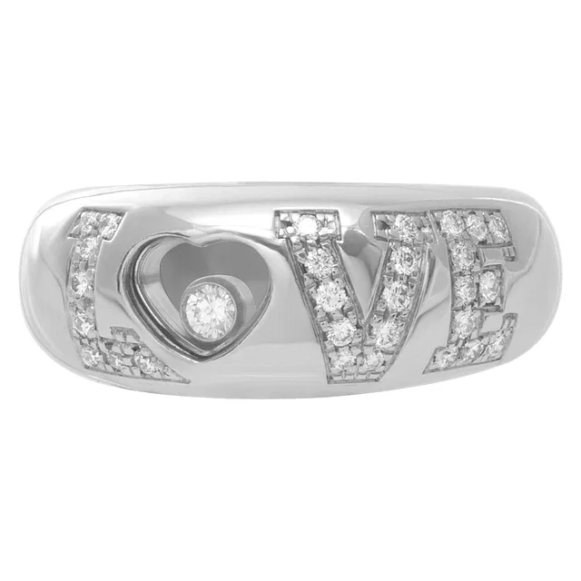 Chopard 18k white gold "LOVE" ring with pave diamonds on "LOVE". Size 5 in White Yellow Gold from Gray And Sons