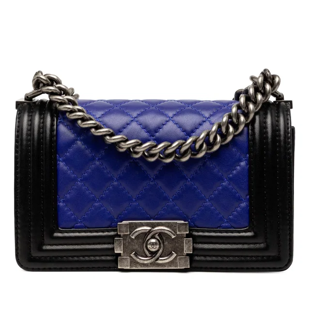 Blue Chanel Small Bicolor Lambskin Boy Flap Shoulder Bag in Blue Lambskin from Designer Revival