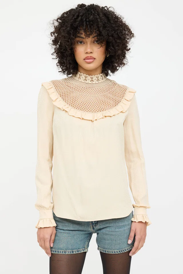 Saint Laurent 2021 Silk Crochet Lace Blouse in Silk from VSP Consignment