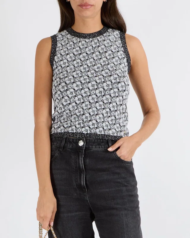 Chanel Fall 2023 Silver and Black Sleeveless Camellia Top with CC Logos Size FR 36 (UK 8) in Black Wool from Sellier