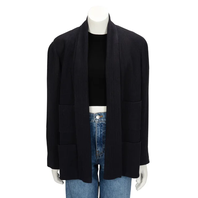 Chanel Herringbone Four-Pocket Open Jacket FR 46 in Navy Silk from Blue Spinach