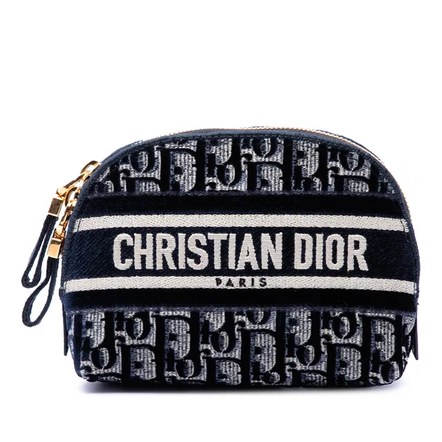 Blue Dior Oblique Embroidered Velvet Cosmetic Pouch in Blue Velvet from Designer Revival