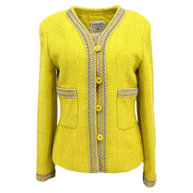 Chanel 1994 Collarless Jacket Yellow #38 in Yellow Nylon from AMORE Vintage Tokyo