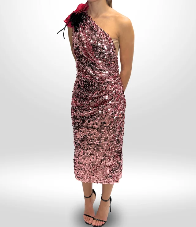 Dolce & Gabbana Glitter Dress With Rose Size 42 in Pink from Revivre Luxury Consignment