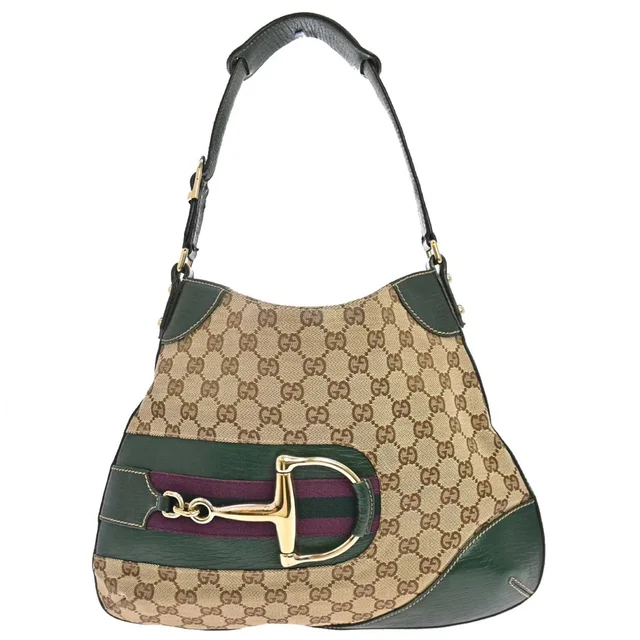 Gucci Beige Green GG Canvas Horsebit Shoulder Bag in Beige Canvas from AMORE Vintage Tokyo
