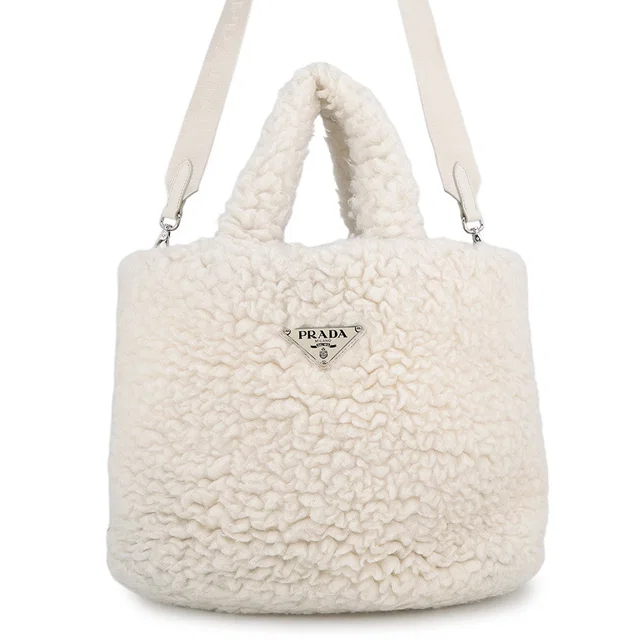 Prada Triangle Logo Tote 2-Way Handbag White1BG428_2FLI_F0018 Wool Cashmere Size Small in Cashmere from GALLERY RARE