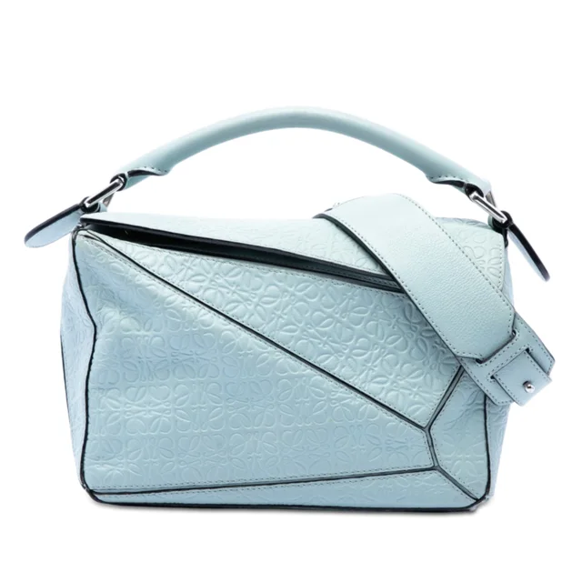 Blue LOEWE Small Anagram Embossed Calfskin Puzzle Satchel in Blue Calfskin from Designer Revival