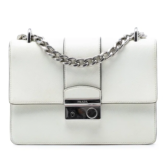 White Prada Small Saffiano Sound Lock Chain Crossbody in White Saffiano leather from Designer Revival