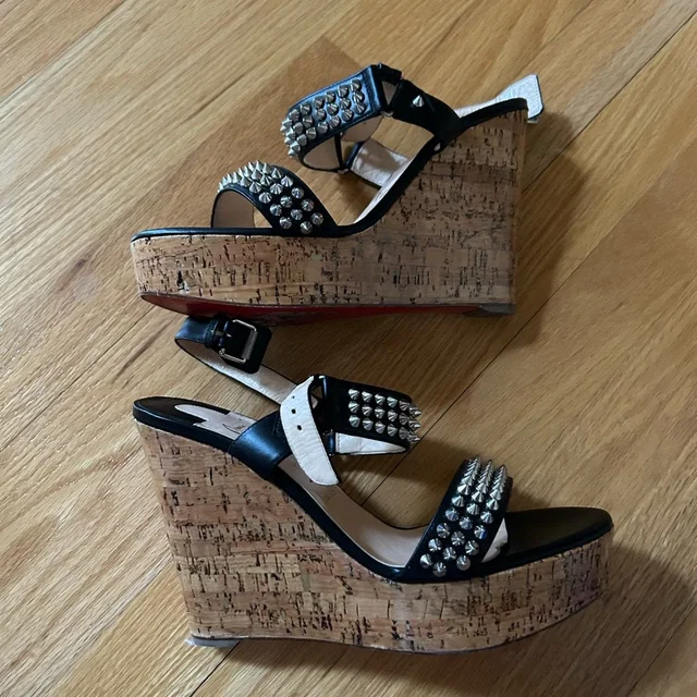 Christian Louboutin Black & Cork Studded Wedge Sandals in black|brown|neutral Leather from Poshmark