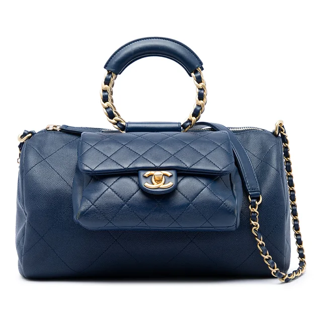 Blue Chanel Small Quilted Caviar and Lambskin In The Loop Bowling Bag Satchel in Blue Caviar leather from Designer Revival