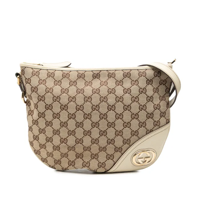Beige Gucci Medium GG Canvas New Britt Half Moon Crossbody in Beige Canvas from Designer Revival