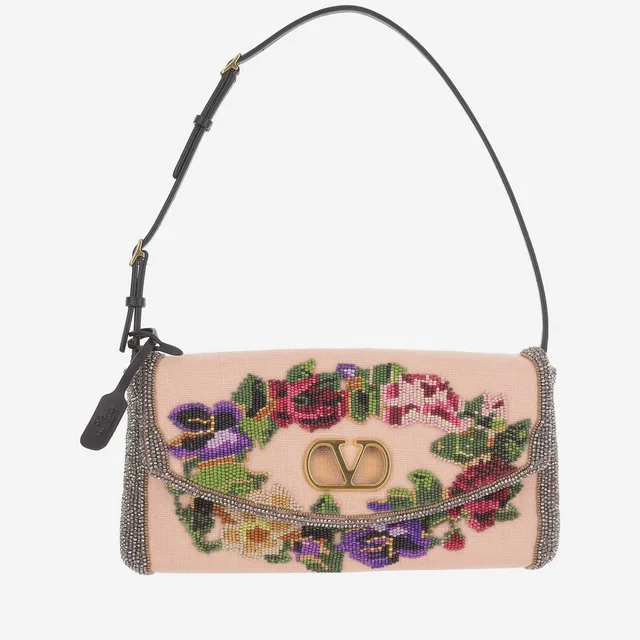 Valentino Garavani Embroidered Floral Linen Shoulder Bag — Beige in Beige Calfskin from HEWI