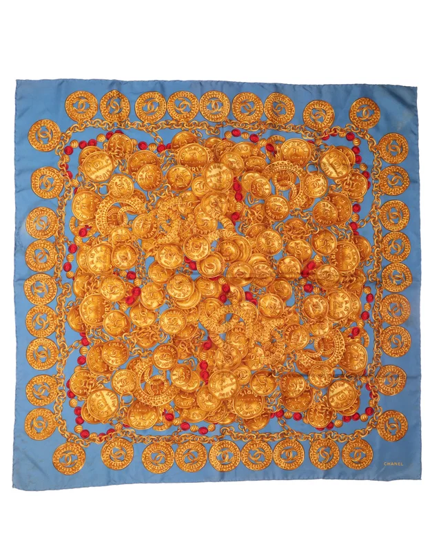 Chanel 90 Coco Mark Classic Silk Blue and Gold Scarf in Blue Silk from A Retro Tale, photo 2 of 3