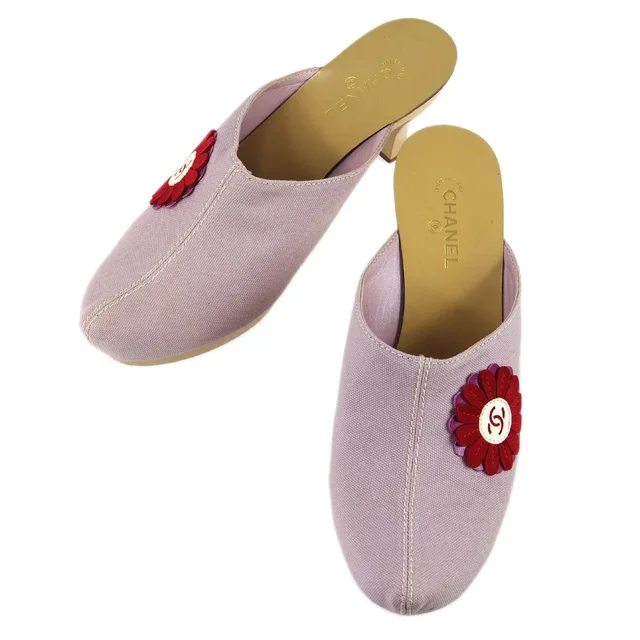 Chanel Flower Mules Shoes #37 1/2 in Canvas from AMORE Vintage Tokyo