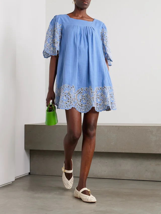 THIERRY COLSON Scarlett broderie anglaise linen and cotton-blend mini dress in Blue, photo 2 of 2 from NET-A-PORTER (Canada)