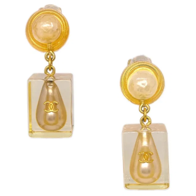 Chanel Dangle Earrings Clip-On Gold Acrylic 97P in Gold Resin from AMORE Vintage Tokyo