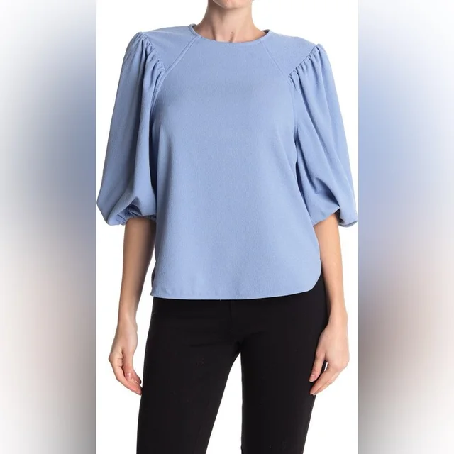 GANNI Exaggerated Puff Sleeve Blouse in blue Woven leather from Poshmark