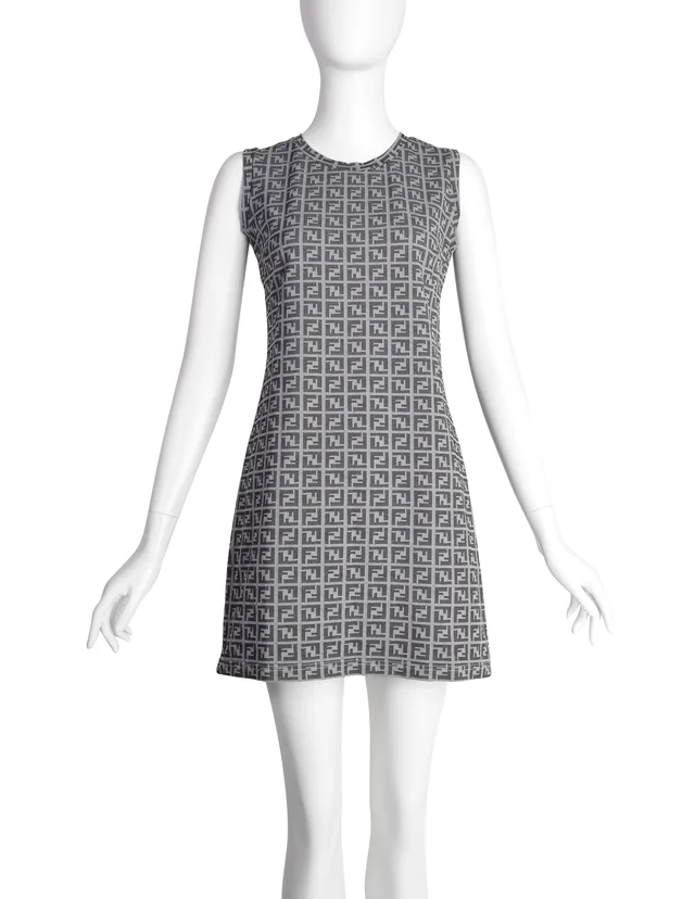 Fendi Vintage Grey Zucca FF Logo Monogram Mini Dress in Grey Nylon from Amarcord Vintage Fashion