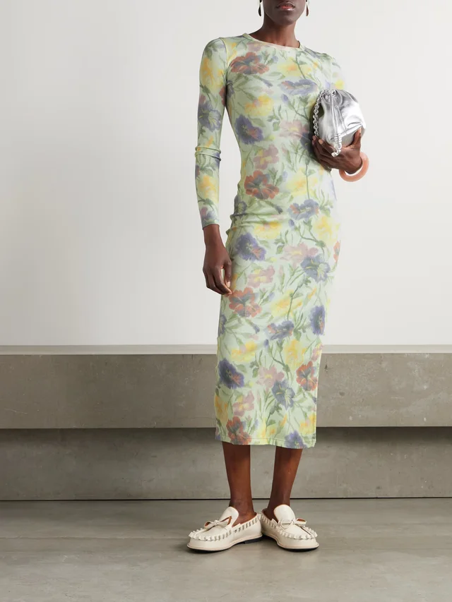 LOEWE Floral-print ribbed silk and cotton-blend midi dress in Green, photo 2 of 2 from NET-A-PORTER (Canada)