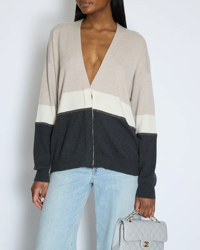 Brunello Cucinelli Taupe, White, and Grey Colour Block Cashmere Cardigan with Monili Trim Detail Size XL (UK 14) in Taupe Cashmere from Sellier