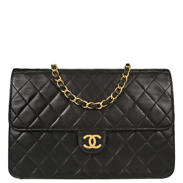 Chanel 1997-1999 Black Lambskin Pushlock Medium Half Flap Shoulder Bag in Black Lambskin from AMORE Vintage Tokyo