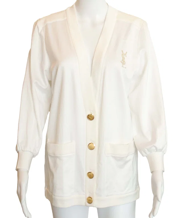 Saint Laurent Studs Logo Cardigan White Gold in White from Luxury Promise